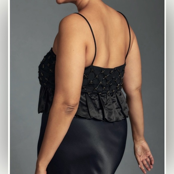 NWT By Anthropologie Beaded Satin Crop Tank  in Black Size Large - Picture 4 of 10